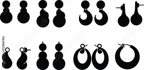 Earring silhouettes collection, fashion jewelry design set, hoop and teardrop styles, modern accessories, vector illustration, minimalist shapes, decorative icons