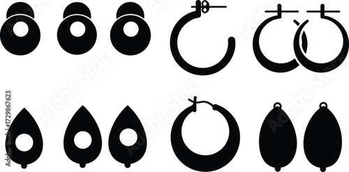 Earring silhouette set, fashion jewelry vector icons, hoop, stud, drop, teardrop, oval, accessory design, black isolated illustration
