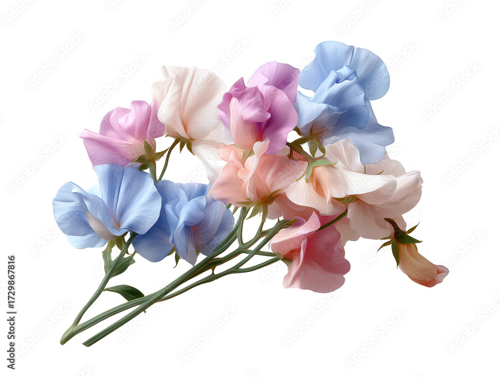 Fototapeta premium A vibrant bouquet of sweet peas in shades of pink, blue, and cream, showcasing delicate petals arranged elegantly together.