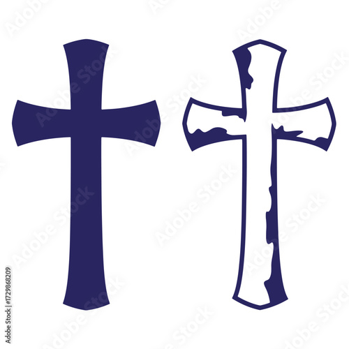Two stylized dark blue christian crosses on a white background used for religious concepts