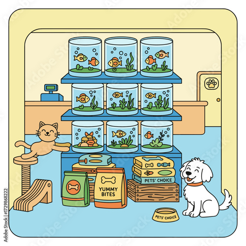 Cat and dog in pet shop with fish tanks and pet food displays  