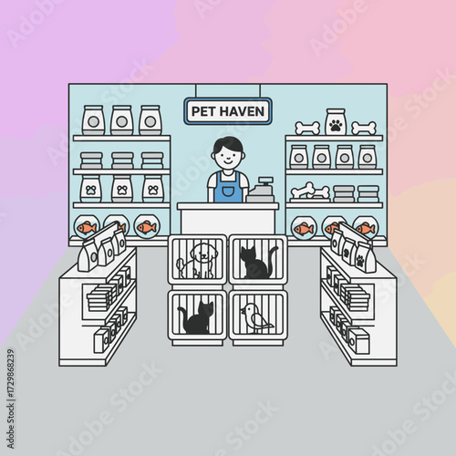 Cartoon pet store interior with cashier and animal cages on display  