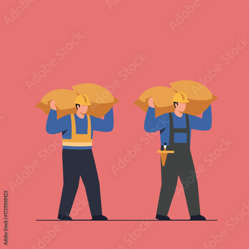 Two men wearing hard hats are carrying heavy yellow sacks on their shoulders against a salmon-colored background, possibly construction workers.