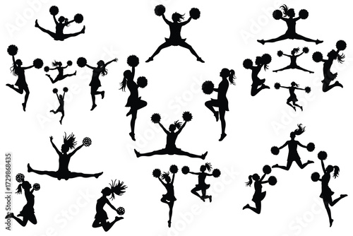 Black silhouettes of cheerleaders in dynamic poses with pom poms