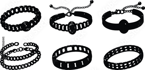 Black silhouette bracelet set, fashion wristband collection, jewelry accessory design, chain, beaded, solid, cutout, oval, trendy, stylish illustration
