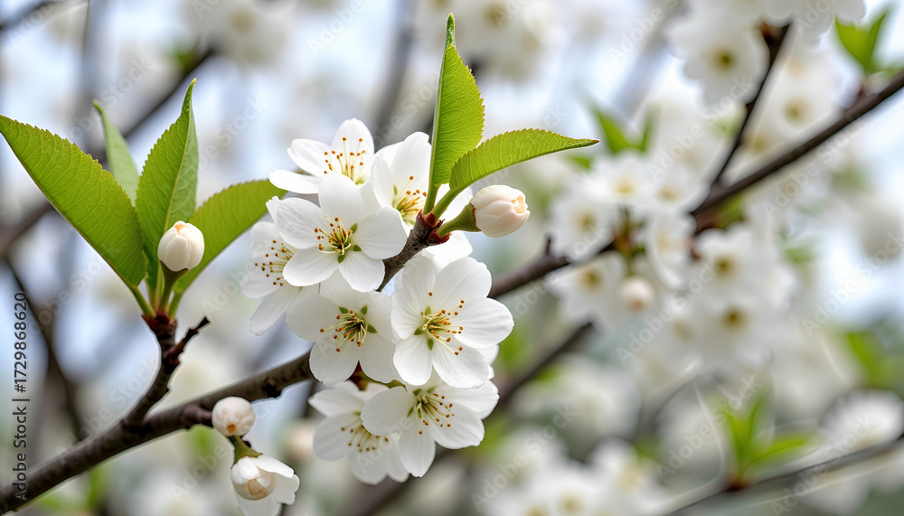 Obraz premium White Cherry Blossoms on Branch with Fresh Green Leaves in Spring
