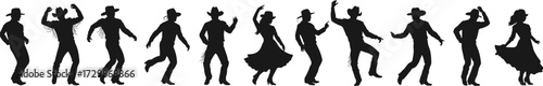 Cowboy silhouettes dancing, western line dance group, country folk festival, rodeo performance, wild west culture, boots hats rhythm, traditional square dance