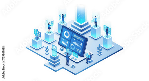 Isometric digital data analysis and business intelligence concept with people interacting with futuristic screens and charts, isolated on transparent background