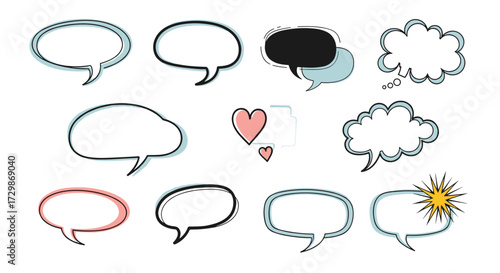 A diverse set of hand drawn doodle speech bubbles.
