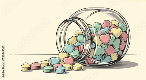 Jar of HeartShaped Candies Spilling Out.