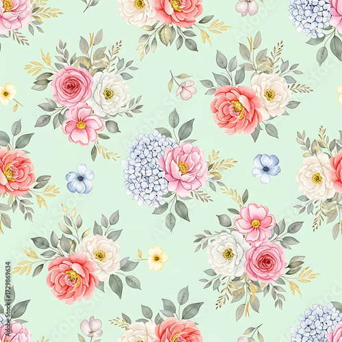Watercolor floral and leaf pattern of hand-painted wildflowers and sprawling leaves,created for wallpaper and fabric, illuminated with diffused