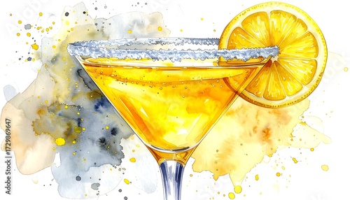 Watercolor illustration of a lemon cocktail