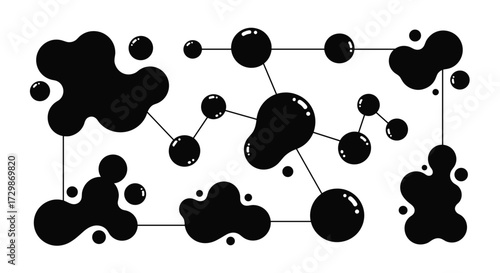 Abstract black ink blobs and connected spheres forming a network pattern.