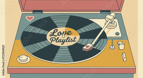 Vintage Turntable Playing a Love Playlist Record with Heart Detail.