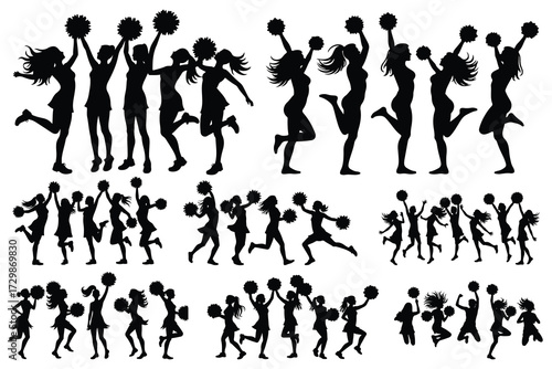 Black silhouettes of cheerleaders with pom poms jumping and posing