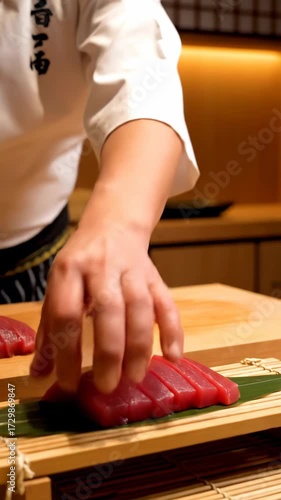 Chef slicing fresh raw tuna on a wooden board in a traditional kitchen setting.