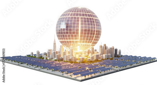 Futuristic city skyline with a globe made of solar panels, isolated on transparent background