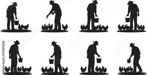 Farmer feeding chickens silhouette, rural agriculture scene, poultry care, bucket feed, countryside lifestyle, black vector illustration, farm animal interaction graphic