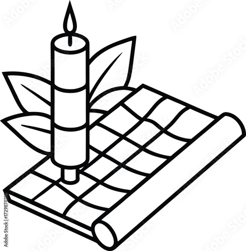 bamboo mat with candle line art on transparent background