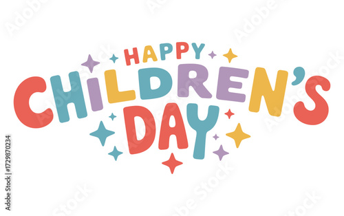 Happy childrens day celebration with colorful text and sparkles