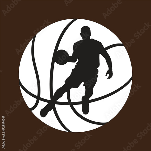 Silhouette of a basketball player dribbling a ball inside a large basketball graphic
