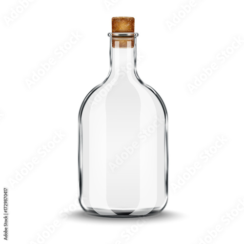 Realistic transparent empty clear glass bottle with a natural cork stopper isolated on white vector 3d blank mockup front view, for displaying liquid products, essential oils, vintage alcohol concepts