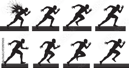 Runner sprint sequence silhouette, track race motion, athlete start to finish, black vector illustration, sports action, speed, victory pose graphic