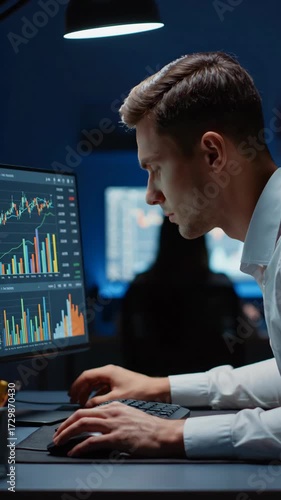 Man analyzing financial charts on computer screens in a dimly lit office environment.