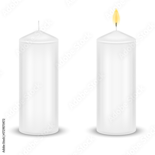 Set of two realistic blank white wax pillar candles realistic 3d vector mockup, unlit and burning with a calm flame, isolated on white background for cozy interior, peaceful, and spiritual design.