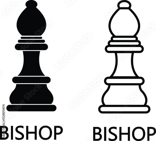 Chess piece icon set bishop symbols in black silhouette and line outline vector design, strategy game elements isolated on background