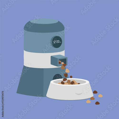 A light blue automatic pet feeder is dispensing brown pet food into a white pet bowl, with a solid light blue background.