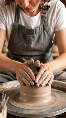 A person shaping clay on a pottery wheel with hands covered in wet clay.