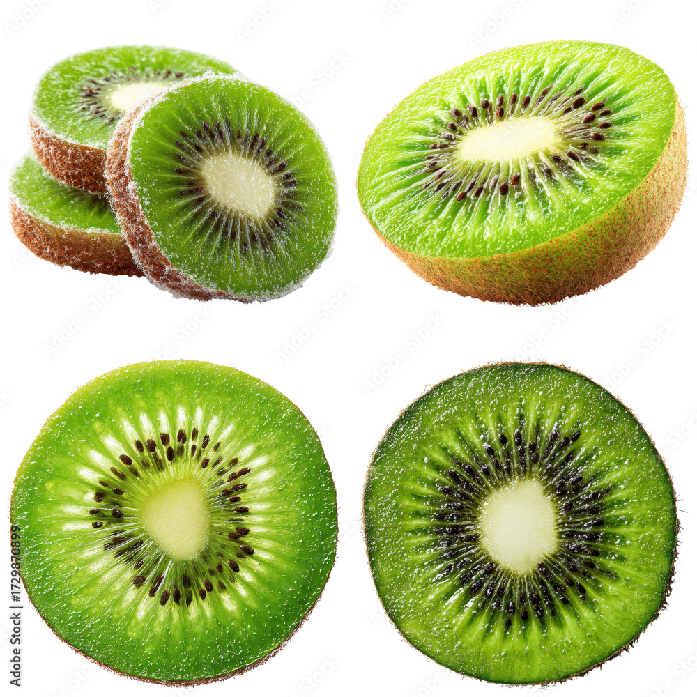 Fototapeta premium Fresh and Juicy Kiwi Fruit Halves and Slices Arranged Beautifully on transparent background