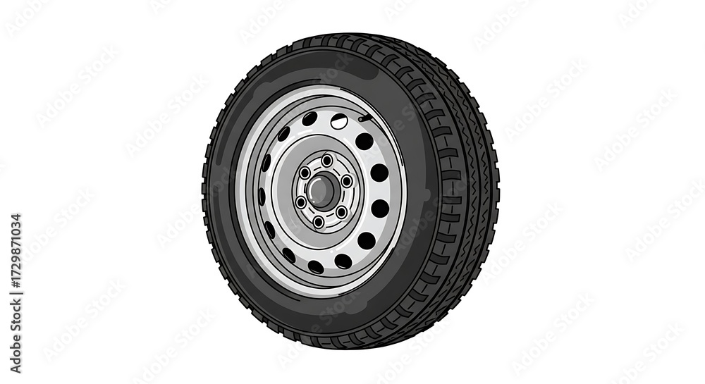 Obraz premium Isolated Car Wheel Illustration with Steel Rim and Black Tire.
