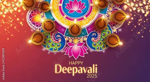 Vibrant deepavali festival greeting with illuminated diyas and intricate rangoli design