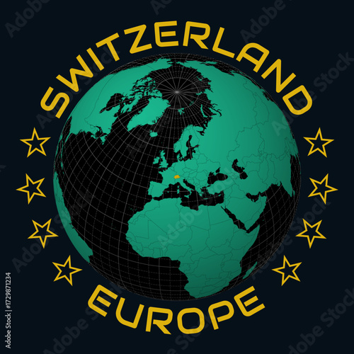 Switzerland on Globe. Round country and continent name text. Country view on world map in Black Emerald color palette. Switzerland shape on map. Creative vector illustration.