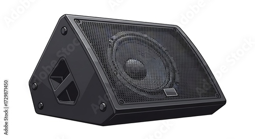 Sleek Black Stage Monitor Speaker with Perforated Grill and Woofer Isolated on White.