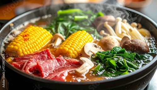 Hotpot Broth with Corn, Mushrooms, and Vegetables in Macro Style