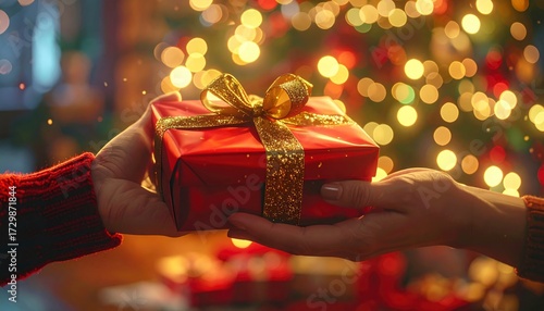 Beautifully Wrapped Christmas Present Handed Forward in Cozy Setting