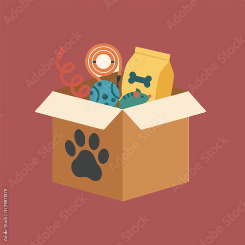 A box filled with pet supplies, including a bag of food with a bone on it, a ball, a mouse, and other toys, with a paw print on the side of the box.