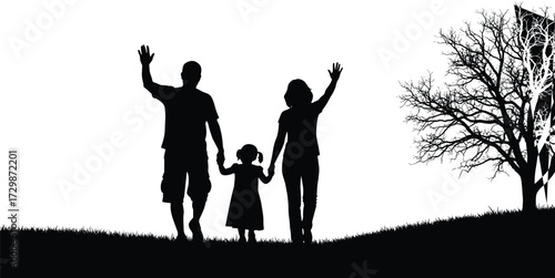 Family silhouette walking together, parents and child holding hands, waving gesture, tree background, unity, love, togetherness, nature, outdoors, happiness, bonding