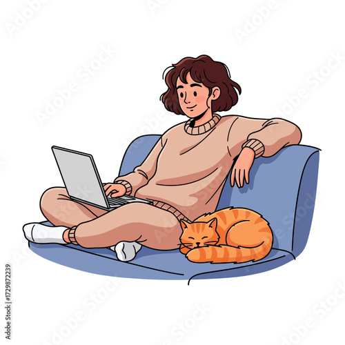 Comfortable woman working from home on a laptop, accompanied by her peacefully napping pet cat