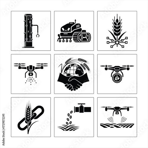 Smart Farming And Agriculture Technology Icons Representing Innovation Automation And Sustainability In Black And White