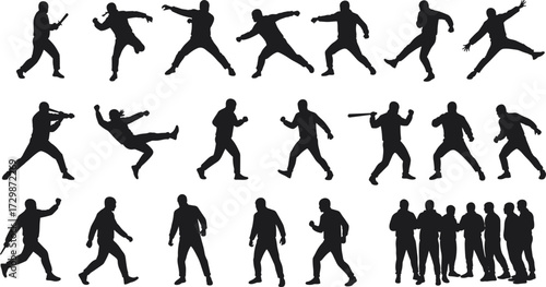Martial arts silhouettes, combat poses, self defense training, weapon fighting, karate kick, kung fu moves, teamwork group, dynamic action illustration
