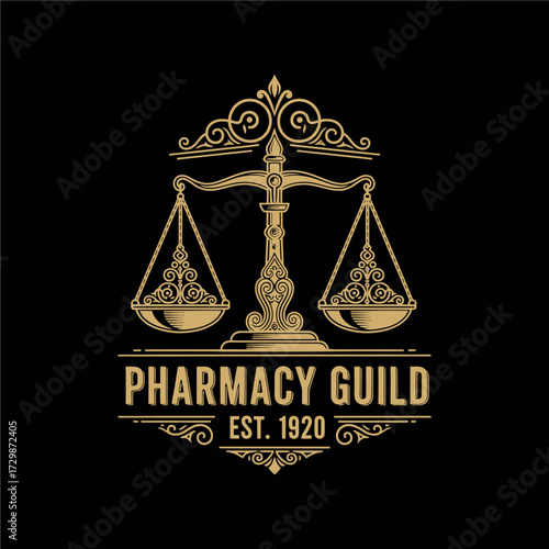 A vintage gold emblem featuring a balance scale and the text "Pharmacy Guild Est. 1920" on a black background.