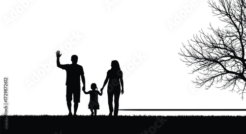 Silhouette family walking together, parents holding child hand, waving gesture, leafless tree background, nature scene, unity, love, parenting, outdoor lifestyle, bonding