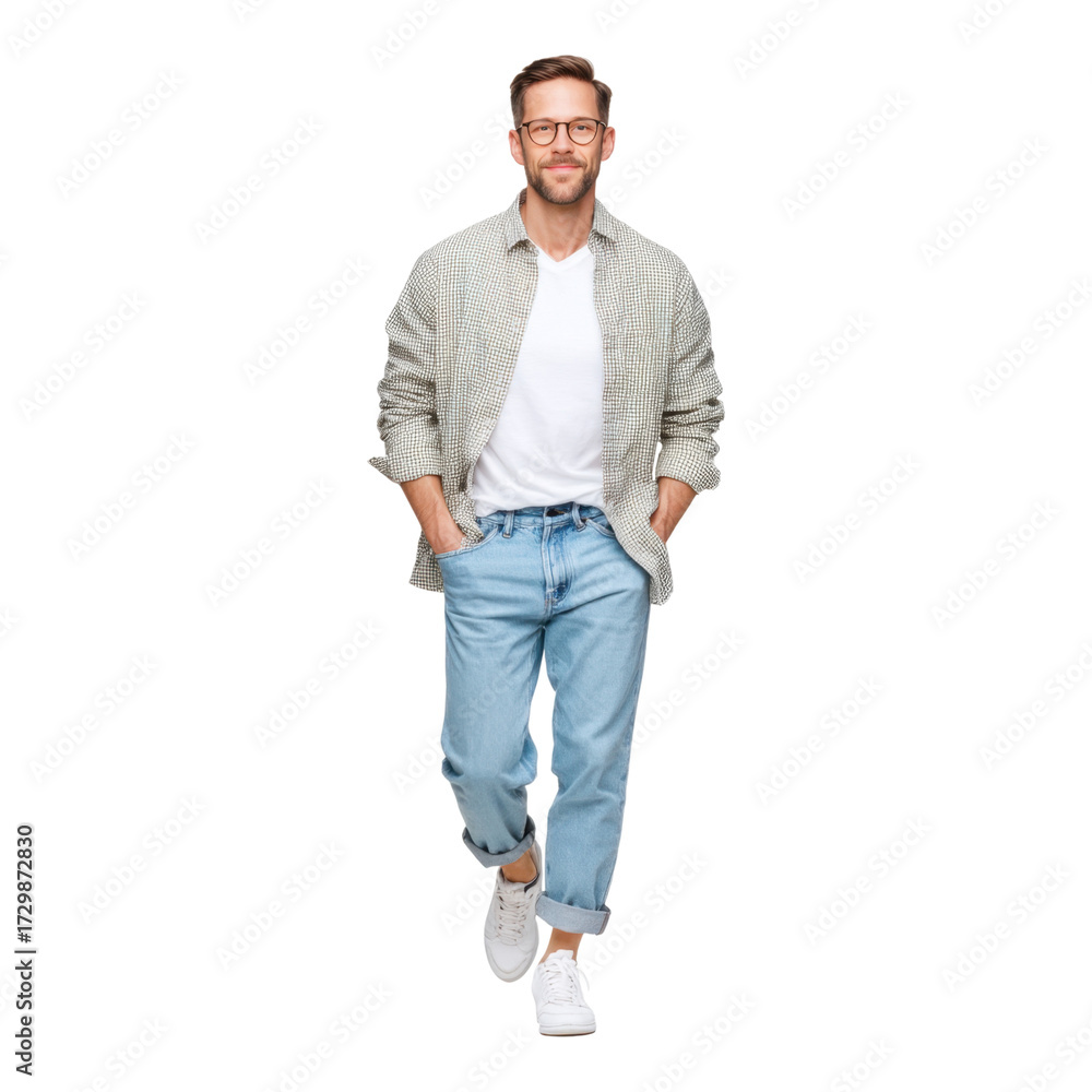 Naklejka premium Modern casual fashion stylish young man walking with confidence in the city, isolated on transparent background