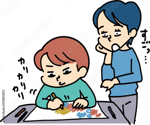絵を描く子供を見守るお母さん