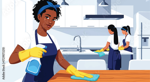 Team of Women Cleaning the House Together