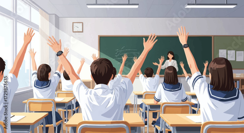 Enthusiastic students raising hands in a sunlit classroom illustration